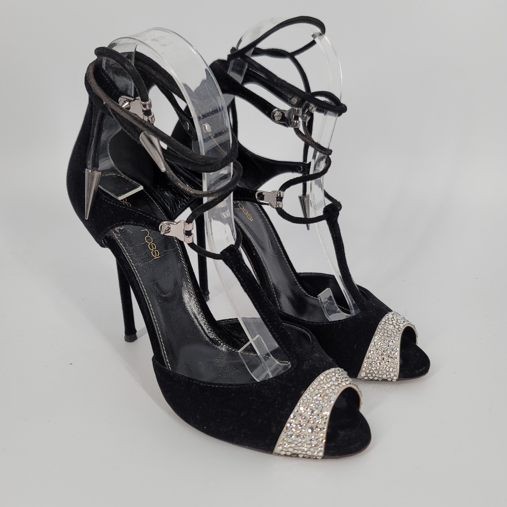 Sergio Rossi Black Velvet Embellished Peep Toe Strappy Sandals Size 38.5